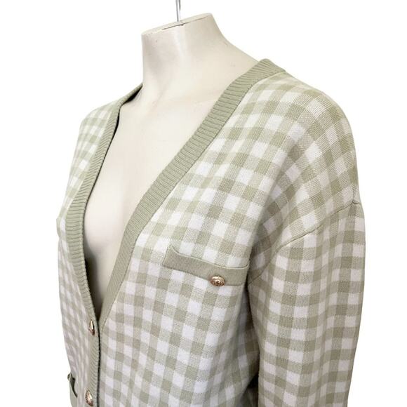 JOIE Bold Button Gingham Plaid Boyfriend Cardigan in Sage & White SZ L - Picture 2 of 10